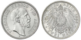 Reichssilbermünzen J. 19-178

Anhalt

Friedrich I., 1871-1904

2 Mark 1896 A. prägefrisch/fast Stempelglanz. Jaeger 20.