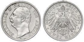 Reichssilbermünzen J. 19-178

Anhalt

Friedrich II., 1904-1918

2 Mark 1904 A. Regierungsantritt. vorzüglich. Jaeger 22.