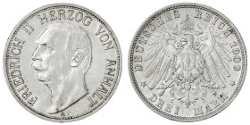 Reichssilbermünzen J. 19-178

Anhalt

Friedrich II., 1904-1918

3 Mark 1909 A. vorzüglich. Jaeger 23.