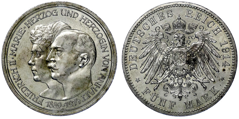 Reichssilbermünzen J. 19-178

Anhalt

Friedrich II., 1904-1918

5 Mark 191...