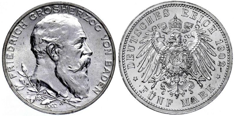 Reichssilbermünzen J. 19-178

Baden

Friedrich I., 1856-1907

5 Mark 1902....