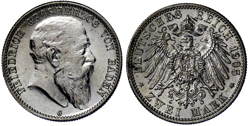 Reichssilbermünzen J. 19-178

Baden

Friedrich I., 1856-1907

2 Mark 1905 ...