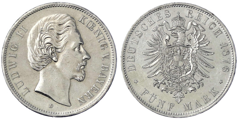 Reichssilbermünzen J. 19-178

Bayern

Ludwig II., 1864-1886

5 Mark 1876 D...