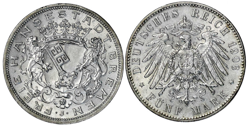 Reichssilbermünzen J. 19-178

Bremen

5 Mark 1906 J. vorzüglich/Stempelglanz...