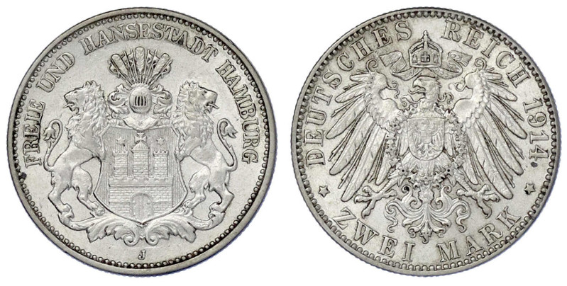 Reichssilbermünzen J. 19-178

Hamburg

2 Mark 1914 J. gutes vorzüglich. Jaeg...