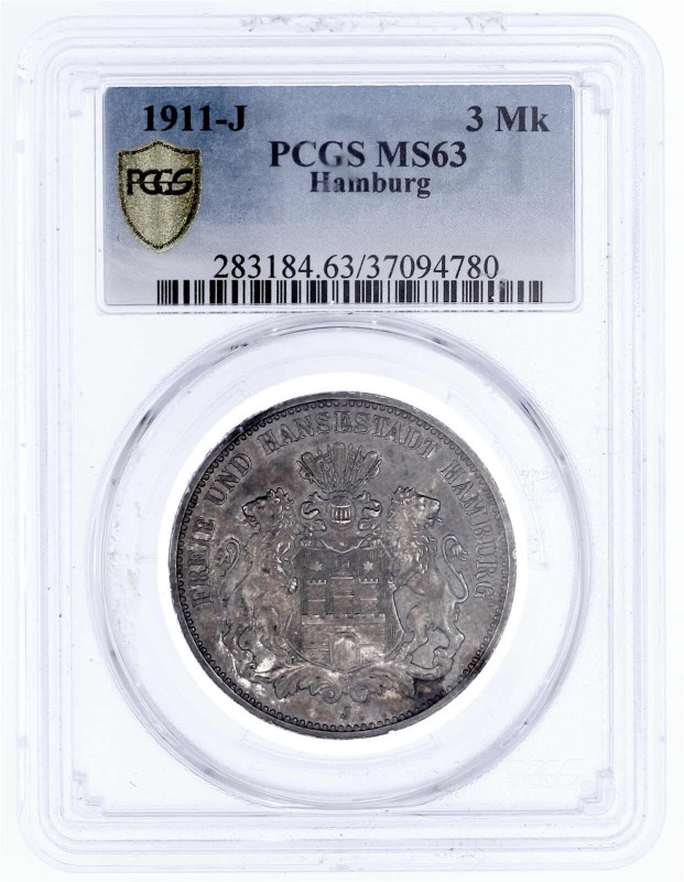 Reichssilbermünzen J. 19-178

Hamburg

3 Mark 1911 J. Im PCGS-Blister mit Gr...