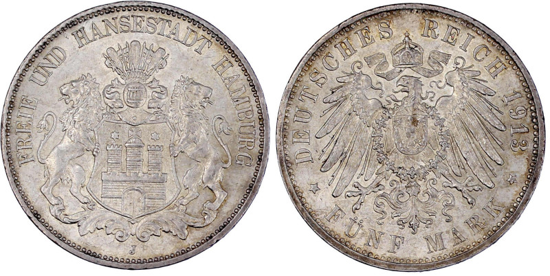 Reichssilbermünzen J. 19-178

Hamburg

5 Mark 1913 J. fast Stempelglanz, min...