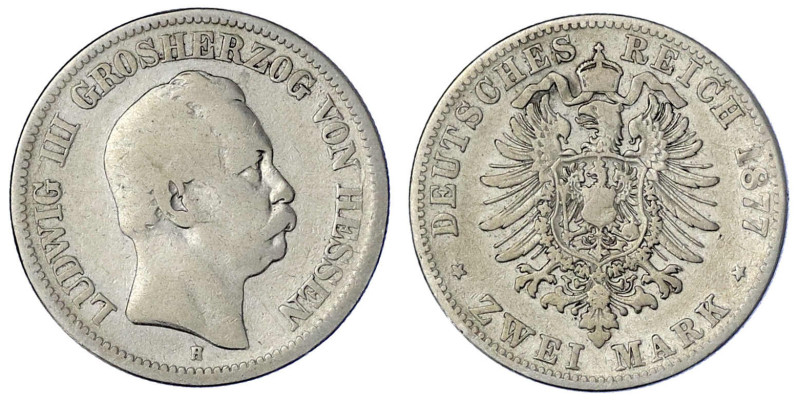 Reichssilbermünzen J. 19-178

Hessen

Ludwig III., 1848-1877

2 Mark 1877 ...