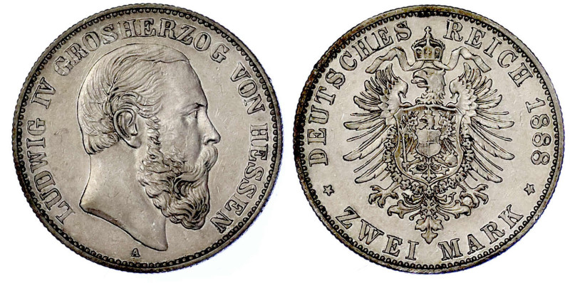 Reichssilbermünzen J. 19-178

Hessen

Ludwig IV., 1877-1892

2 Mark 1888 A...