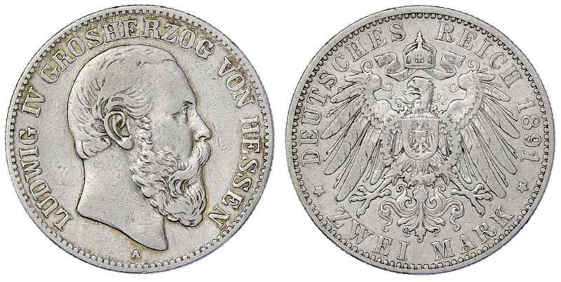 Reichssilbermünzen J. 19-178

Hessen

Ludwig IV., 1877-1892

2 Mark 1891 A...