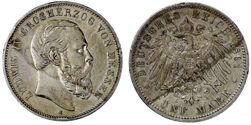 Reichssilbermünzen J. 19-178

Hessen

Ludwig IV., 1877-1892

5 Mark 1891 A...