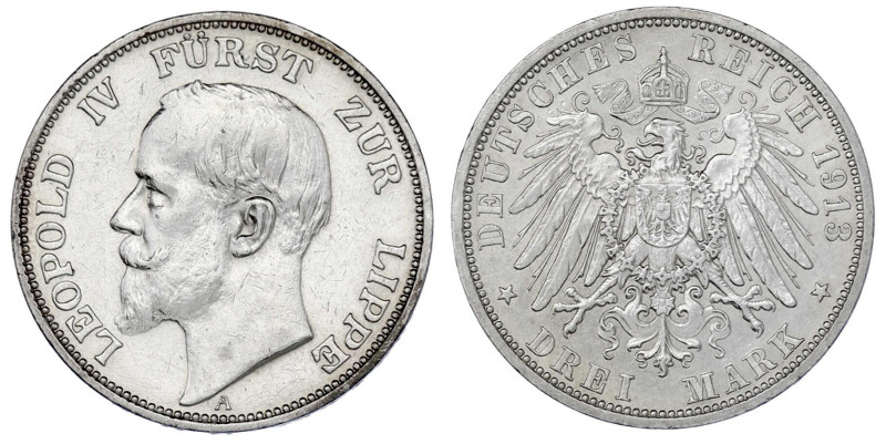 Reichssilbermünzen J. 19-178

Lippe

Leopold IV., 1904-1918

3 Mark 1913 A...