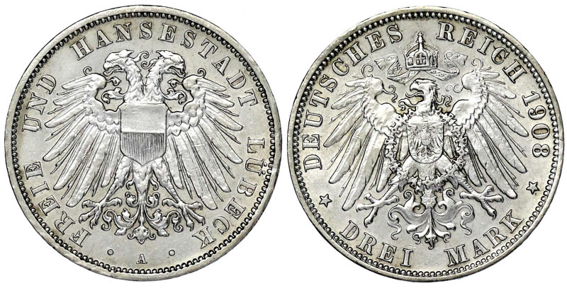 Reichssilbermünzen J. 19-178

Lübeck

3 Mark 1908 A. vorzüglich, etwas berie...