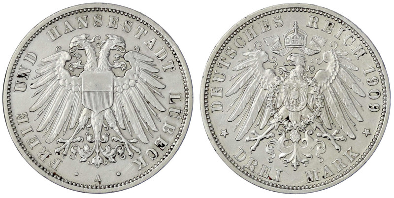 Reichssilbermünzen J. 19-178

Lübeck

3 Mark 1909 A. vorzüglich. Jaeger 82....