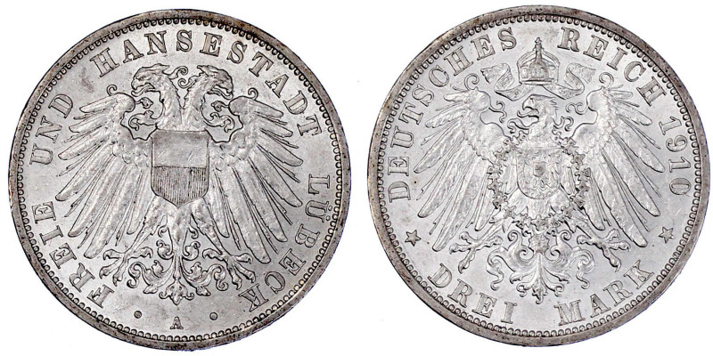 Reichssilbermünzen J. 19-178

Lübeck

3 Mark 1910 A. vorzüglich/Stempelglanz...