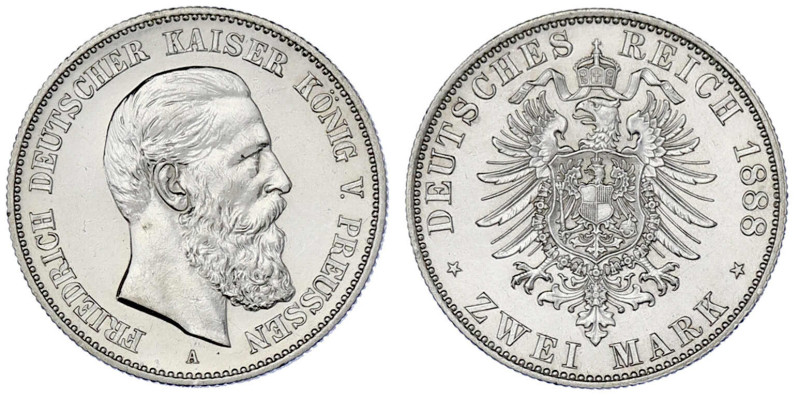 Reichssilbermünzen J. 19-178

Preußen

Friedrich III., 1888

2 Mark 1888 A...