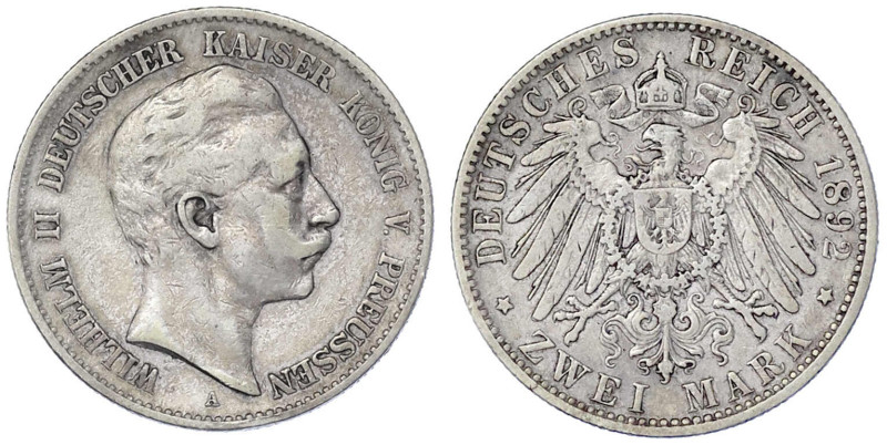 Reichssilbermünzen J. 19-178

Preußen

Wilhelm II., 1888-1918

2 Mark 1892...