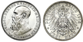 Reichssilbermünzen J. 19-178

Sachsen-Meiningen

Georg II., 1866-1914

3 Mark 1915. Auf seinen Tod. vorzüglich/Stempelglanz, min. Schrötlingsfeh...