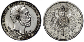 Reichssilbermünzen J. 19-178

Schwarzburg-Sondershausen

Karl Günther, 1880-1909

2 Mark 1905. 25 jähr. Regierungsj., schmaler Randstab. sehr sc...