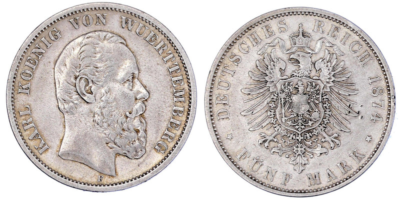 Reichssilbermünzen J. 19-178

Württemberg

Karl, 1864-1891

5 Mark 1874 F....