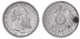 Reichssilbermünzen J. 19-178

Württemberg

Wilhelm II., 1891-1918

2 Mark 1896 F. vorzüglich/Stempelglanz, Fleck. Jaeger 174.