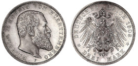 Reichssilbermünzen J. 19-178

Württemberg

Wilhelm II., 1891-1918

3 Mark 1908 F. Polierte Platte, min. berieben. Jaeger 175.