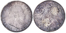 Reichssilbermünzen J. 19-178

Württemberg

Wilhelm II., 1891-1918

5 Mark 1913 F. fast Stempelglanz, kl. Kratzer, schöne Patina. Jaeger 176.