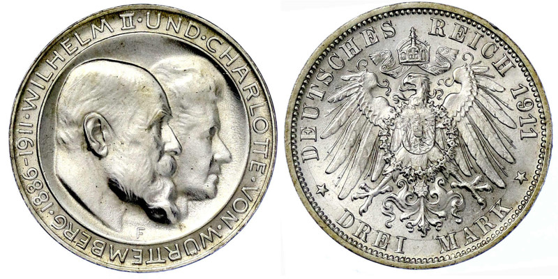 Reichssilbermünzen J. 19-178

Württemberg

Wilhelm II., 1891-1918

3 Mark ...