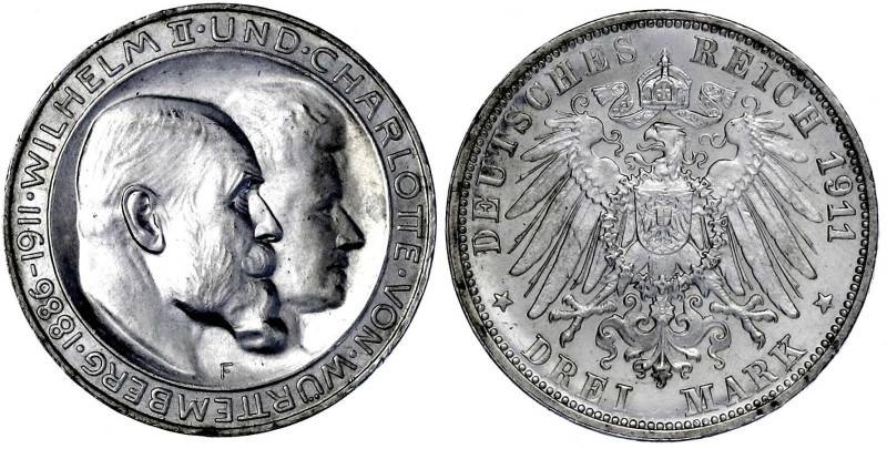 Reichssilbermünzen J. 19-178

Württemberg

Wilhelm II., 1891-1918

3 Mark ...