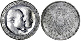 Reichssilbermünzen J. 19-178

Württemberg

Wilhelm II., 1891-1918

3 Mark 1911 F. Zur silbernen Hochzeit. Polierte Platte, etwas berieben. Jaege...