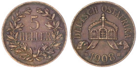 Münzen der Kolonien und Nebengebiete

Deutsch-Ostafrika

5 Heller 1908 J. Größte deutsche Kupfermünze. sehr schön. Jaeger N 717.