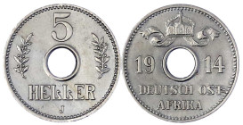 Münzen der Kolonien und Nebengebiete

Deutsch-Ostafrika

2 X 5 Heller: 1913 J und 1914 J. Lochgeld. beide vorzüglich. Jaeger N 718 (2).