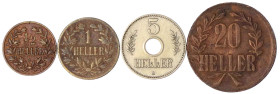 Münzen der Kolonien und Nebengebiete

Deutsch-Ostafrika

4 Stück: 5 Heller Lochgeld 1913 A, 1/2 Heller 1904 A, Heller 1905 A und 20 Heller 1916 kl...