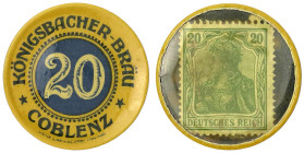 Notmünzen/Wertmarken, deutschsprachig

Briefmarkenkapselgeld

Coblenz (Rheinprovinz)

Kapsel mit 20 (Pfg.) grün o.J. KÖNIGSBACHER-BRÄU. Germania...