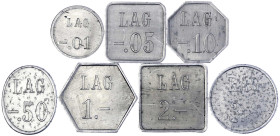 Notmünzen/Wertmarken, deutschsprachig

Görden (Brandenburg)

7 Aluminium-Wertmarken LAG (Lande-Anstalt Görden) zu -.01, -.05, -.10, -.50, 1.-, 2.-...