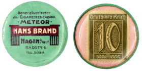 Notmünzen/Wertmarken, deutschsprachig

Hagen (Westfalen)

Briefmarkenkapselgeld, Generalvertreter der Cigarettenfabrik .Meteor. Hans Brand... o.J....
