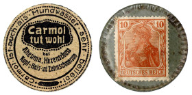 Notmünzen/Wertmarken, deutschsprachig

Rheinsberg (Brandenburg)

Briefmarkenkapselgeld, Carmol tut wohl... o.J. Papphülle mit 10 Pf. Germania, MUG...
