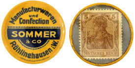 Notmünzen/Wertmarken, deutschsprachig

Röhlinghausen, Herne (Westfalen)

Briefmarkenkapselgeld, Manufacturwaren und Confektion Sommer & Co... o.J....