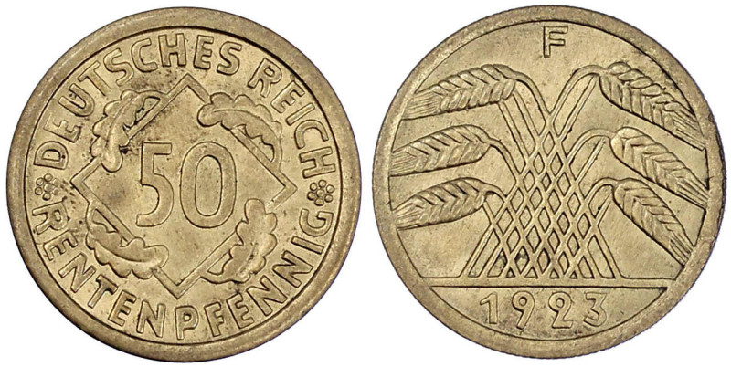 Weimarer Republik

Kursmünzen

50 Rentenpfennig, messingfarben 1923-1924

...