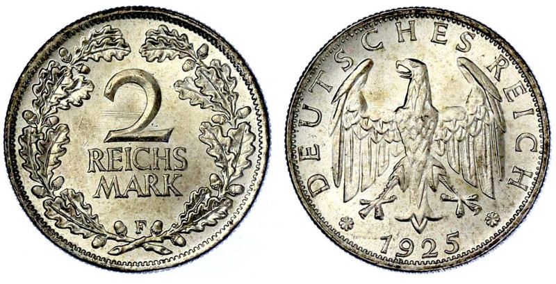 Weimarer Republik

Kursmünzen

2 Reichsmark, Silber 1925-1931

1925 F. fas...