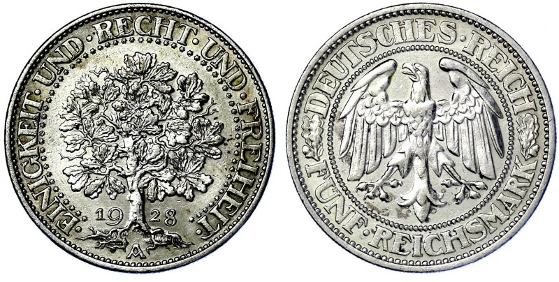 Weimarer Republik

Kursmünzen

5 Reichsmark Eichbaum Silber 1927-1933

192...