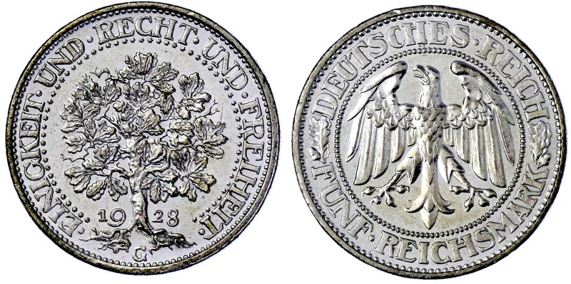 Weimarer Republik

Kursmünzen

5 Reichsmark Eichbaum Silber 1927-1933

192...