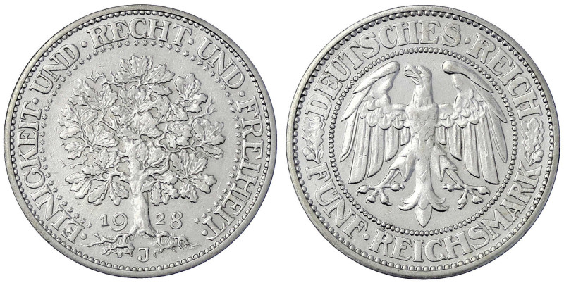 Weimarer Republik

Kursmünzen

5 Reichsmark Eichbaum Silber 1927-1933

192...