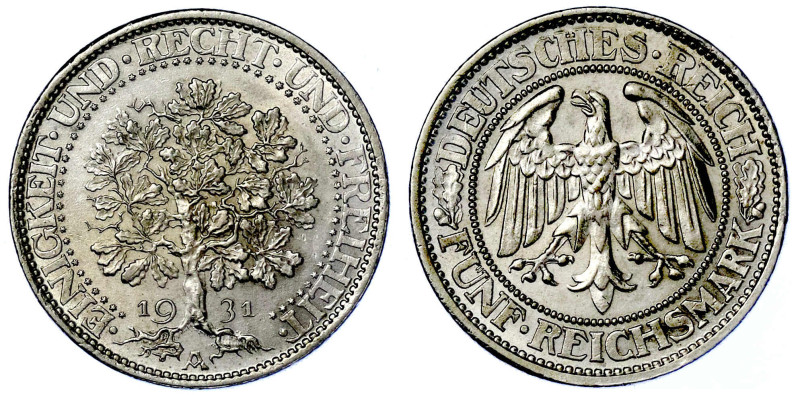 Weimarer Republik

Kursmünzen

5 Reichsmark Eichbaum Silber 1927-1933

193...