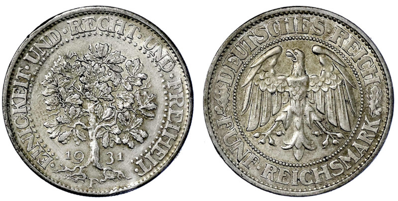 Weimarer Republik

Kursmünzen

5 Reichsmark Eichbaum Silber 1927-1933

193...