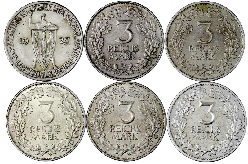 Weimarer Republik

Gedenkmünzen

3 Reichsmark Rheinlande

6 Stück: 1925 A,...