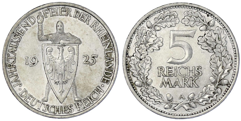 Weimarer Republik

Gedenkmünzen

5 Reichsmark Rheinlande

1925 A. vorzügli...