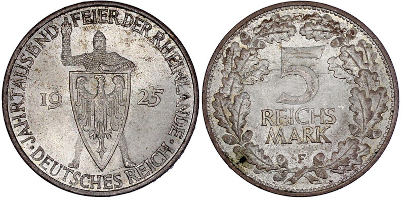 Weimarer Republik

Gedenkmünzen

5 Reichsmark Rheinlande

1925 F. fast Ste...