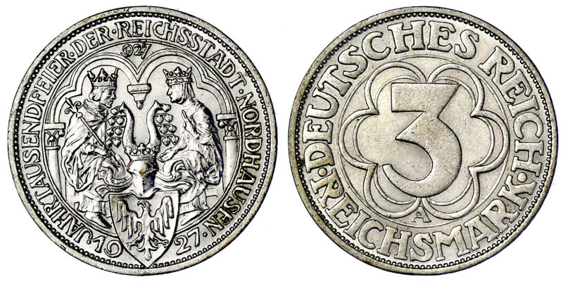 Weimarer Republik

Gedenkmünzen

3 Reichsmark Nordhausen

1927 A. gutes vo...