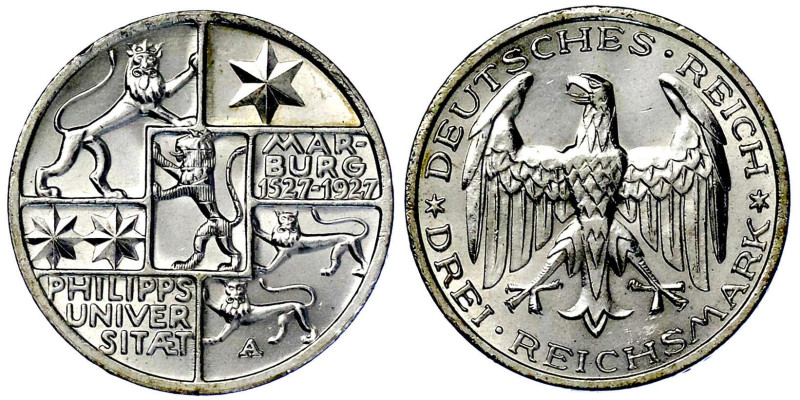 Weimarer Republik

Gedenkmünzen

3 Reichsmark Marburg

1927 A. vorzüglich/...